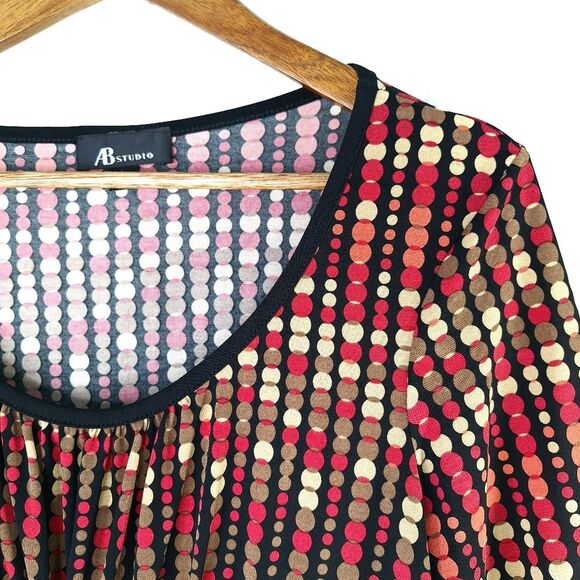 AB Studio Red Gold Black Faux Belt Polkadot Circles Blouse Italian Mob Wife Sz L - Picture 3 of 11